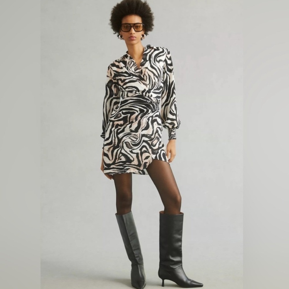 By Anthropologie Zebra Print Wrap Mini Dress Black Tan‎ Ruched Size 2 NEW